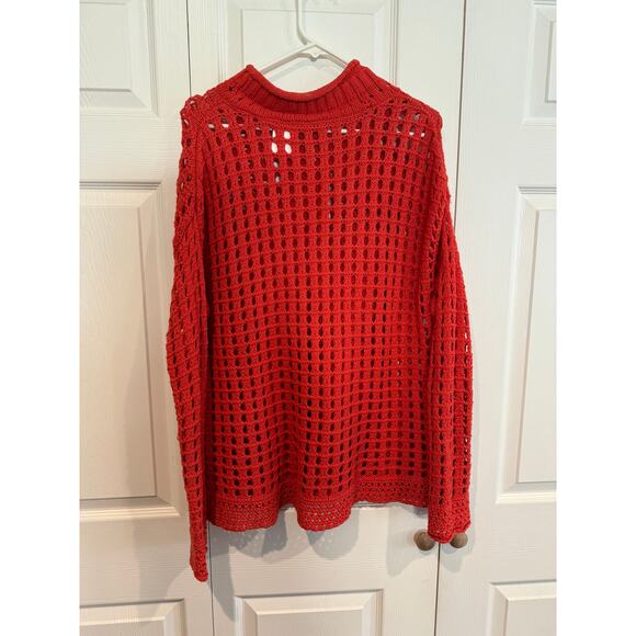 Free People Red Open Knit Mock Neck Sweater Unique Cable Chunky Oversized - Picture 4 of 7